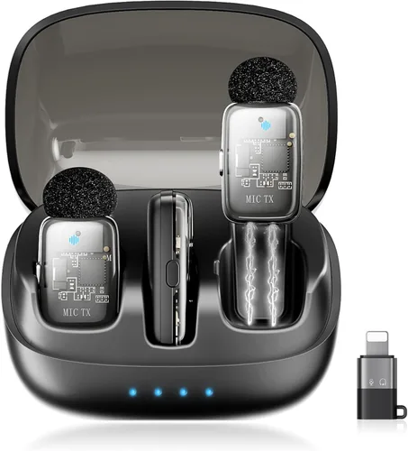 Vista 10 de Micrófono Lavalier inalámbrico para iPhone, iPad y Android con funda de carga, micrófono de solapa con reducción de ruido, duración de la batería