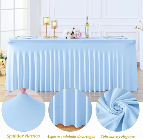 Vista 5 de Paquete de 2 manteles color azul bebé para mesas rectangulares de 6 pies, mantel ajustable de elastano, fundas de mesa elásticas de 6 pies, manteles