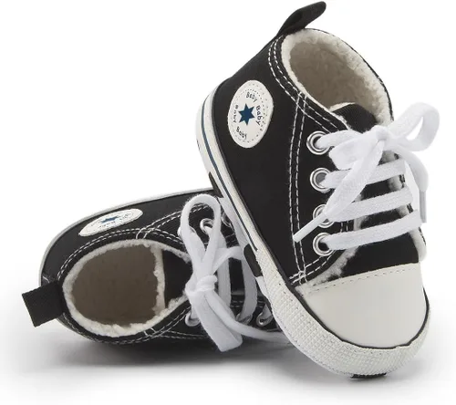 Vista 2 de KIDSUN - Zapatos deportivos unisex de caña alta para bebés, mezclilla de lona, suela antideslizante, suaves, para los primeros pasos