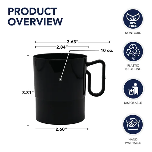 Vista 2 de Party Essentials Bistro - Taza de café de plástico duro con asa, 40 unidades, 8 onzas, color negro