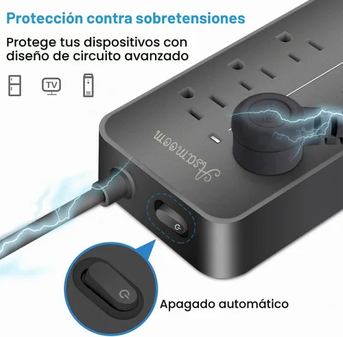 Vista 3 de Regleta de alimentación con protector de sobretensiones de 10 pies, Asamoom, tira de alimentación de enchufe plano con cable largo ETL listado, 8