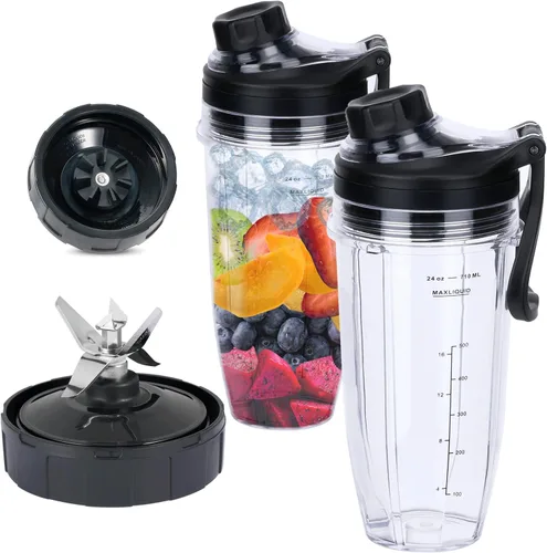 Vista 10 de Cuchilla macho de repuesto de 7 aletas y vaso de licuadora de 24 onzas con tapa compatible con Nutri Ninja Blender