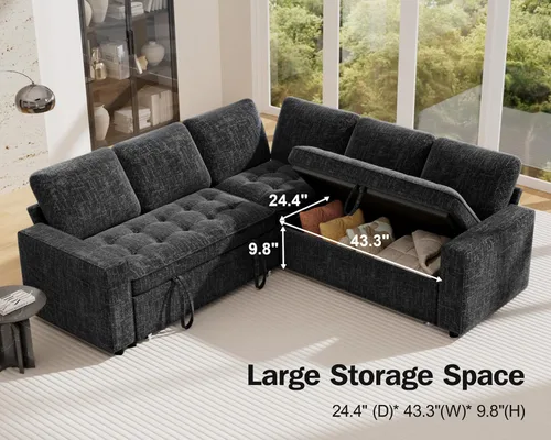 Vista 7 de Vipbear Sofá cama modular en forma de L de 5 asientos con cama extraíble/respaldo reclinable/puertos USB/asiento de almacenamiento, sofá cama Negro