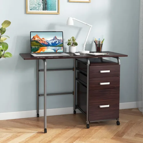 Vista 2 de Giantex Escritorio plegable para espacio pequeño, escritorio de oficina en casa rodante con 3 cajones y ruedas universales con cerradura, escritorio