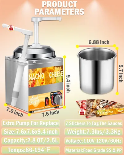 Vista 6 de Dispensador de queso nacho con bomba, calentador de queso Nacho de 2.8 cuartos de galón, calentador de acero inoxidable con ajuste de temperatura