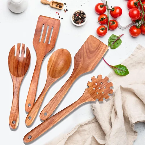 Vista 5 de Juego de 5 cucharas de madera para cocinar, espátulas de madera de teca, espátulas ranuradas para utensilios de cocina antiadherentes, cuchara