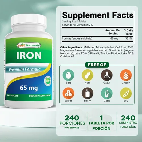 Vista 2 de Best Naturals Suplemento de hierro - 65 mg - 240 tabletas - Sin OMG y sin gluten