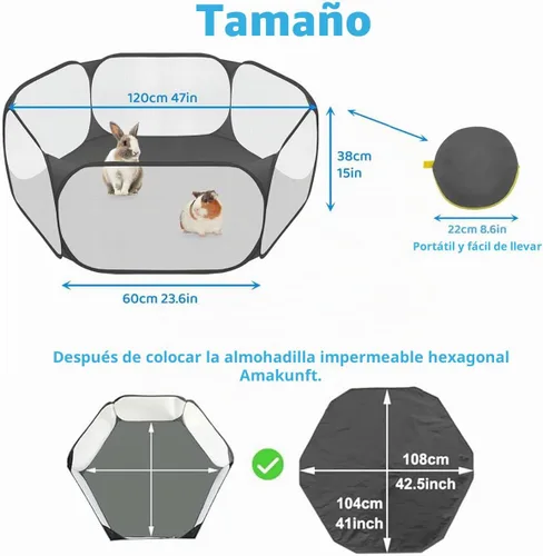 Vista 6 de Amakunft Corralito de animales pequeños 2 en 1 con almohadilla impermeable, patio de juegos portátil desplegable para conejillos de indias, conejos