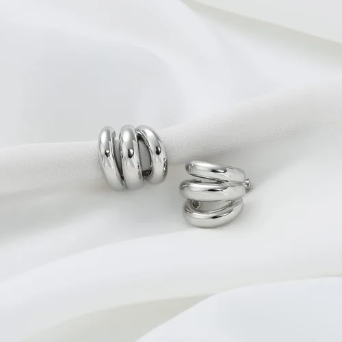 Vista 3 de ABILITH Aretes triples de plata y oro para mujer, aretes de aro de dos tonos de oro grueso de 18 quilates