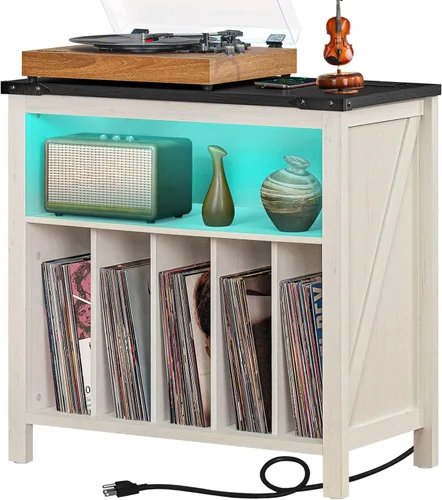 Vista 9 de Soporte grande para tocadiscos con estación de carga y luces LED, soporte de almacenamiento de discos de vinilo negro con capacidad para hasta 230