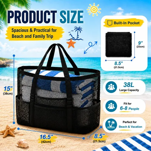 Vista 3 de SRISE Mesh Beach Bag - Large Beach Tote Bag for Family Beach Bag for Toys & Vacation Essentials Negro