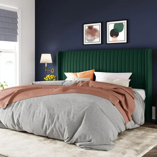Vista 19 de Allewie - Base de cama tamaño Full con cabecera tapizada en terciopelo y diseño acanalado vertical; plataforma de cama tapizada; listones de madera
