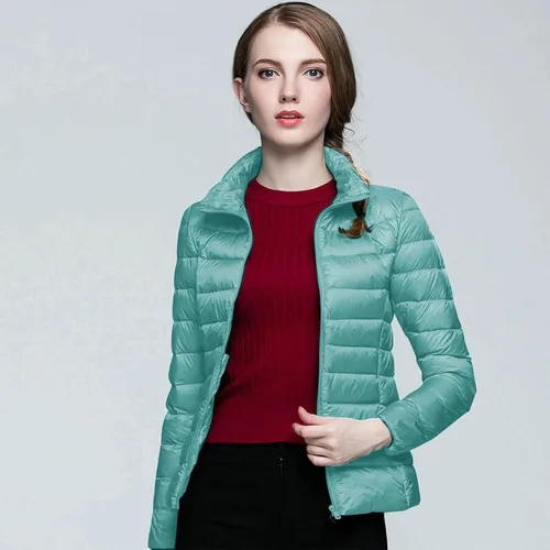 Vista 2 de Chaqueta acolchada plegable para mujer, ligera, corta, para invierno, a la moda, ajustada, con capucha, abrigo de burbujas, chaquetas acolchadas