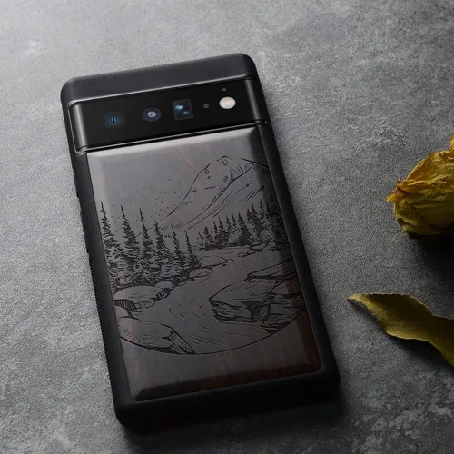 Vista 4 de Carveit Funda de madera para Pixel 6 Pro [madera natural y TPU suave negro] a prueba de golpes, funda de madera única compatible con Google Pixel 6