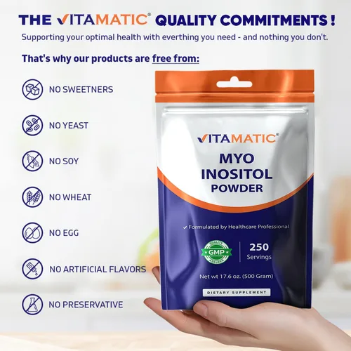 Vista 6 de Vitamatic Myo-inositol en polvo 2000 mg por porción 17.64 oz (250 porciones) Polvo puro Sin azúcar Sin rellenos Sin OMG Suplemento