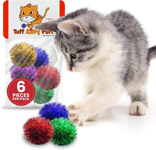 Vista 12 de Tuff Kitty Puff Juguete para gatos con mini bola brillante de 1 pulgada, paquete de 6 unidades, multicolor