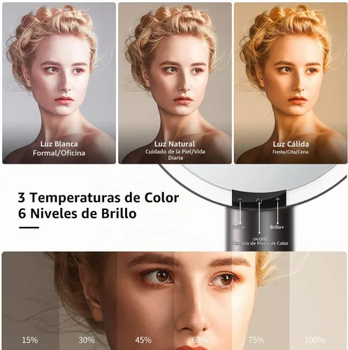 Vista 2 de AMIRO Espejo de maquillaje iluminado de 9" con sensor inteligente y control táctil, 3 colores y 6 niveles de brillo, recargable e inalámbrico Negro