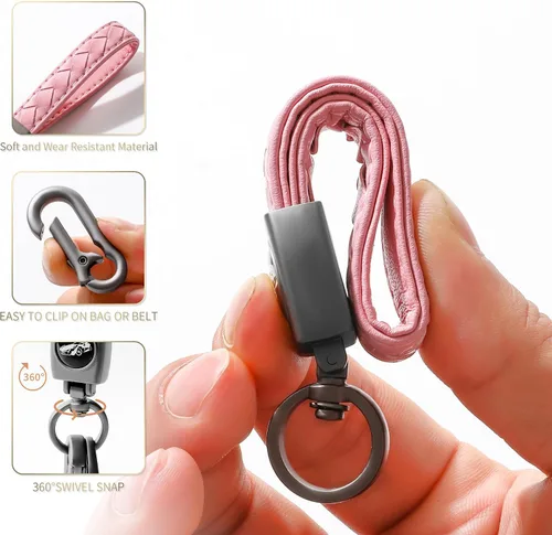 Vista 3 de Llavero de mosquetón, llavero de cuero hecho a mano tejido resistente universal, Gunmetal - Rosa
