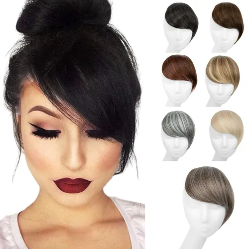 Vista 14 de SARLA Flequillo lateral negro marrón con clip en piezas de cabello sintético, extensión de flequillo recto para mujeres