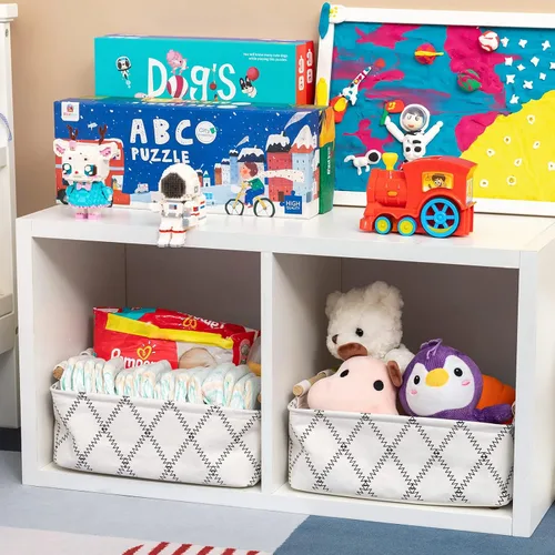 Vista 4 de Cesta organizadora plegable de tela rectangular con asas de madera para almacenamiento de ropa y juguetes