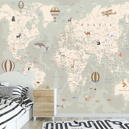 Vista 13 de Papel tapiz de mapa del mundo para niños con animales, calcomanías educativas para despegar y pegar, murales de guardería para bebés, niños