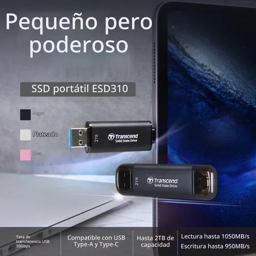 Vista 5 de Transcend SSD portátil dual ESD310 de 1 TB 1050MB/s USB-A+C, unidad de Rosa