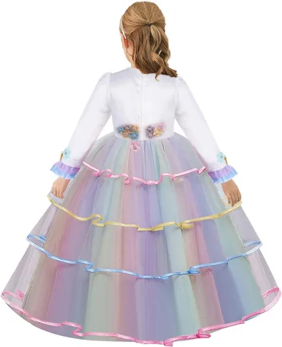 Vista 2 de Vestido de princesa de tul para niñas, disfraz de unicornio de manga larga, fiesta de cumpleaños, boda, Navidad, Halloween con diadema # Multicolor
