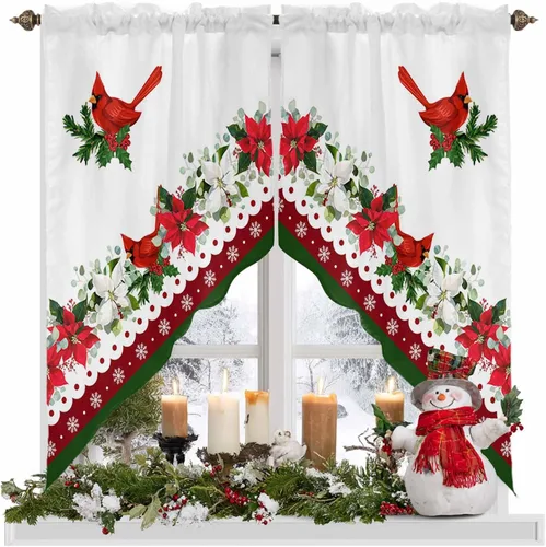 Vista 15 de BEMIGO Cortinas de cocina de Navidad, lindas cortinas de granja con muñeco de nieve azul, cenefa con bolsillo para barra de copos de nieve