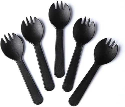 Vista 2 de 100 piezas desechables de plástico Spork de peso medio cubiertos negros tenedores perfectos para la escuela, almuerzo, picnic, restaurantes, fiestas