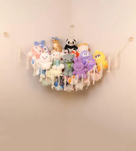Vista 9 de Red Grande para Animales de Peluche o Hamaca, Hamaca de Juguete de Macramé Boho con Luces LED, Red que Decora la Habitación y Ahorra Espacio