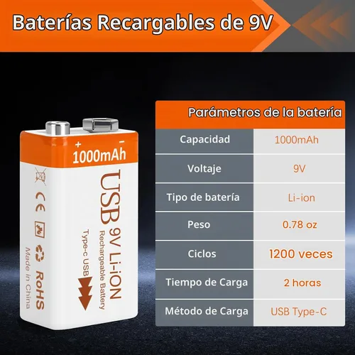 Vista 3 de Baterías recargables de litio 9V 1000mAh con 2 en 1 cable de carga USB Batería de iones de litio 6f22 de 9 voltios para detector de humo, pedales