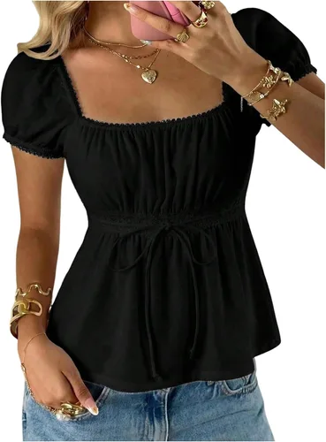 Vista 31 de SOLY HUX Blusa de verano de manga corta para mujer Blanco sólido
