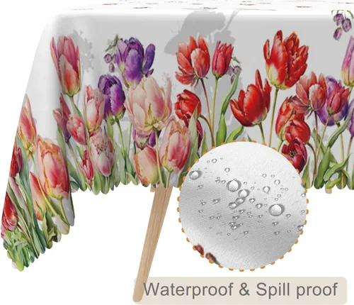 Vista 28 de Mantel rectangular floral de 52 x 70 pulgadas, color blanco y negro, estampado floral, a prueba de derrames y aceite, para cocina, comedor