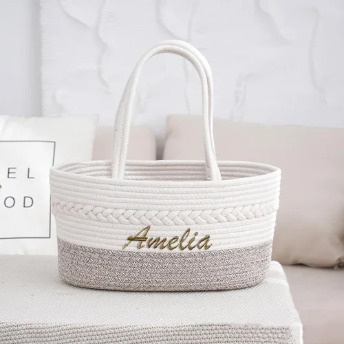 Vista 3 de Cesta personalizada con nombre de bebé, cesta de regalo para baby shower, organizador de pañales para bebé, organizador de pañales de cuerda