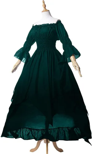 Vista 6 de Vestido victoriano para mujer, disfraz medieval vintage, manga abombada, hombros descubiertos, vestido de princesa renacentista alto y bajo