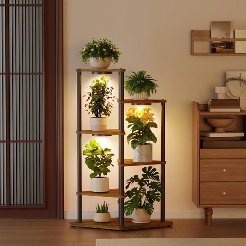 Vista 12 de iDavosic.ly Soporte alto para plantas con luces de cultivo para macetas grandes y resistentes, estante de flores de esquina interior de 4 niveles