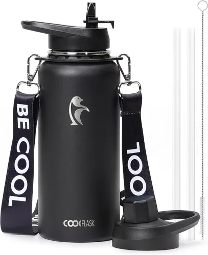Vista 34 de Botella de agua Coolflask de 40 onzas con correa, botella de agua metálica aislada con popote y tapas con pico, acero inoxidable de doble pared al
