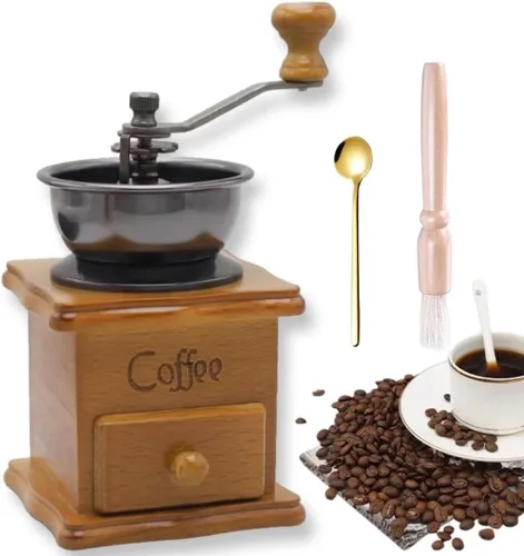 Vista 10 de Molinillo de café manual de madera, estilo vintage, molinillo de café de mano, molinillo de café con manivela de cerámica, cepillo de limpieza Marrón