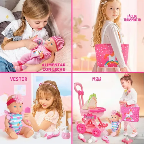 Vista 5 de Golray Juego de cochecito de bebé para niña con muñeca de bebé de 12 pulgadas y 17 piezas de accesorios para muñecas de bebé, bolso/ropa, sombrilla