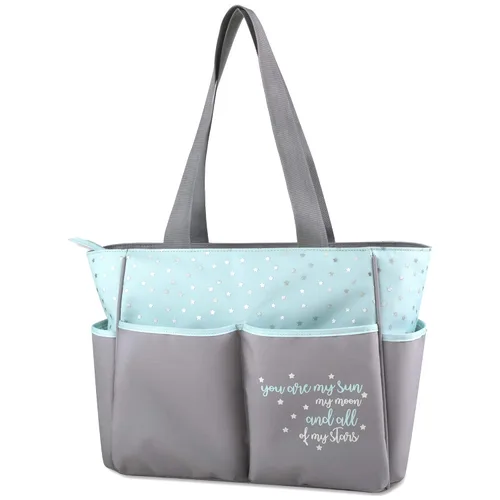 Vista 6 de Baby Essentials Juego de 5 bolsas para pañales con sol, luna y estrellas, bolsillo para toallitas, bolsa para pañales sucios, cambiador Gris/ agua