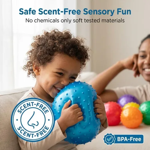 Vista 5 de Bedwina Knobby Balls - Bulk 7 Inch Sensory and Spiky Massage Stress Balls for Toddlers, with Pump, Fun & Bouncy for Toddler, Kids Party Favors