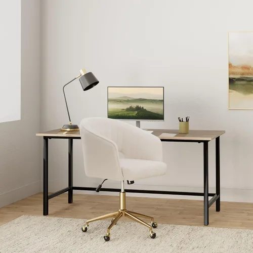 Vista 2 de Eifizek Silla de escritorio de oficina de terciopelo, moderna silla de escritorio para el hogar con ruedas y base dorada, silla giratoria