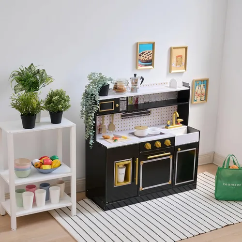 Vista 10 de Teamson Kids Juego de cocina de madera para niños pequeños con accesorios, juego de cocina simulada para niños de 3 años en adelante, juego de Negro