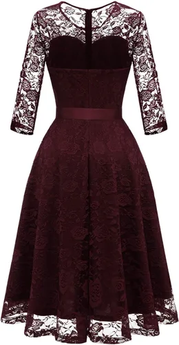 Vista 4 de Dressystar Vestido de encaje floral para mujer, corto, para dama de honor, con cuello transparente B- Borgoña