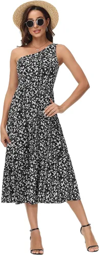Vista 4 de GRACE KARIN Vestidos de un hombro para mujer, bohemio, vestido floral de verano, vestido de playa con vuelo, vestido midi para fiesta