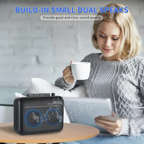 Vista 4 de Grabadora de casete con transmisor Bluetooth, reproductor de cinta de casete pequeño con conector para auriculares, altavoz integrado, conector