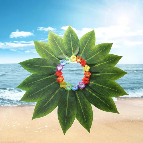 Vista 2 de Faldas de hierba hawaiana verde, falda de hojas de playa para niños y niñas, disfraz hawaiano para baile, disfraz de fiesta de Halloween