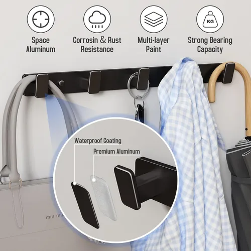 Vista 3 de Perchero de Pared Negro con Ganchos de Pared para Colgar, Ganchos de Puerta Resistente con 5 Ganchos, Soporte para Llaves para Pared, Perchero