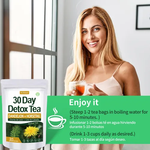 Vista 7 de Herbmood Té de desintoxicación de 30 días para limpieza corporal, Te de Diente de Leon y cola de caballo Organico Natural, Limpieza de colon