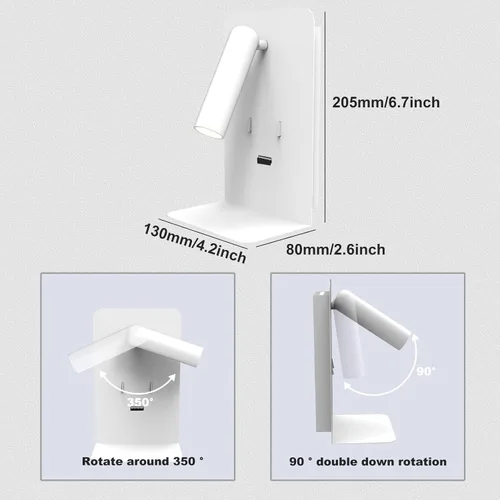 Vista 6 de ZEROUNO Lámpara de pared para dormitorio, luz de lectura montada en la pared, apliques de cabecera LED con interruptor Puerto USB Lámparas de Blanco